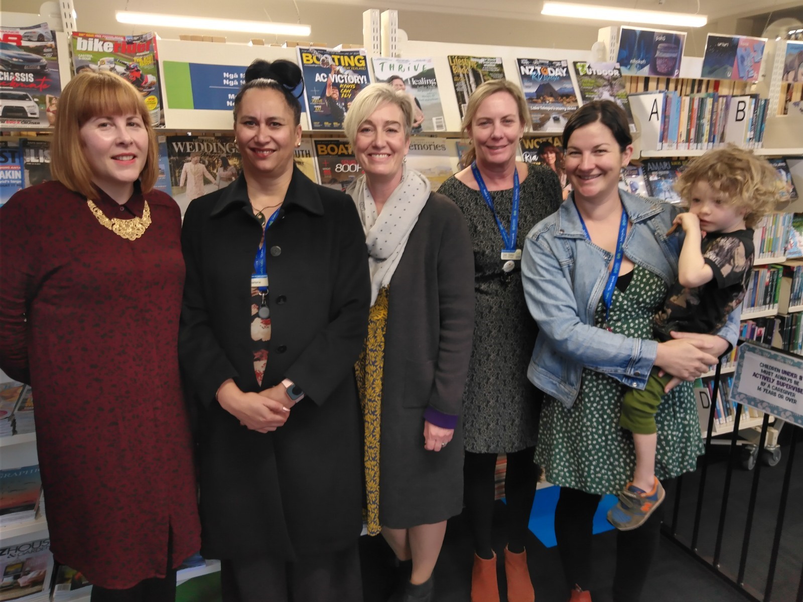 Councillor Erin Wilson-Collins, Darlene Lang (General Manager Customer Experience), Louise Miller (Chief Executive), Lisa Salter (Library Manager), Paula Guy-Stuve (Project Manager) and Finn Stuve at the reopening